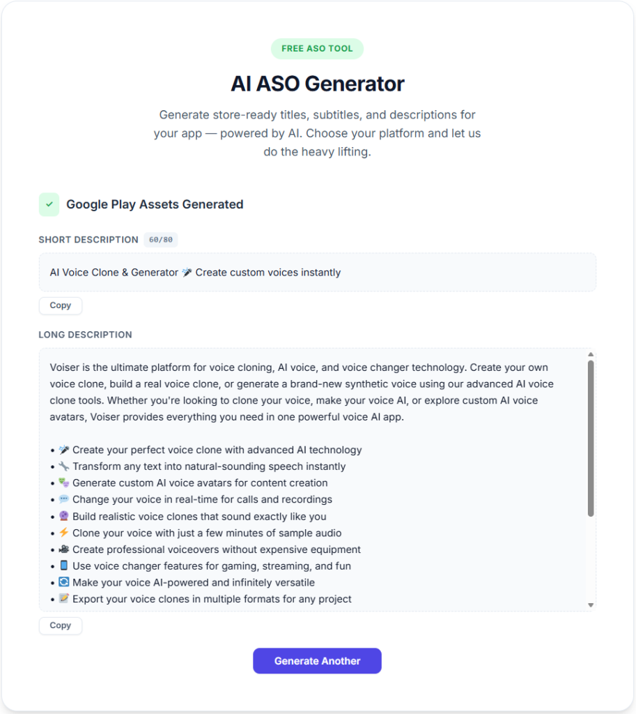 Example output from RankMyApps showing an optimized App Store listing with title, subtitle, and keyword-rich description