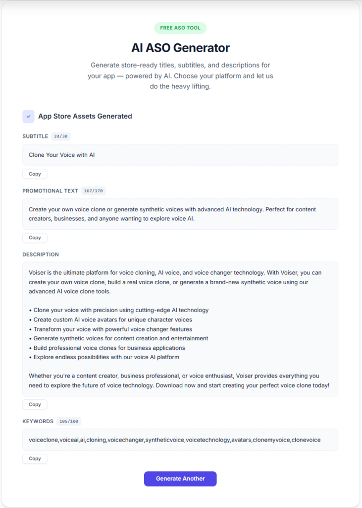 AI-generated App Store listing showing optimized title, subtitle, and keyword-rich description from RankMyApps