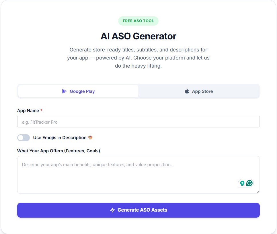RankMyApps free ASO tool interface showing AI-generated App Store title, subtitle, and description for an indie app.